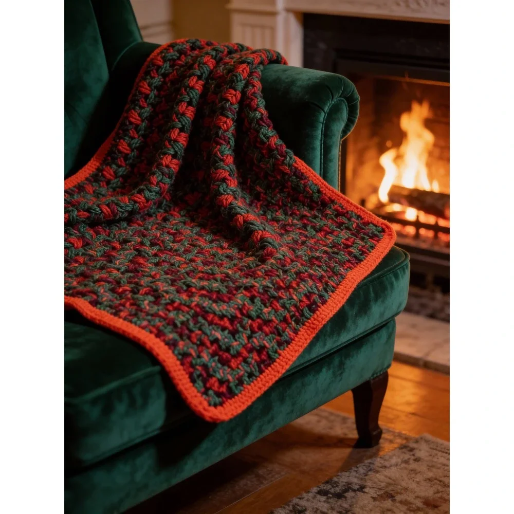 Handmade Vintage Crochet Lap Blanket Afghan Multi Color Orange Border‎ 32x34